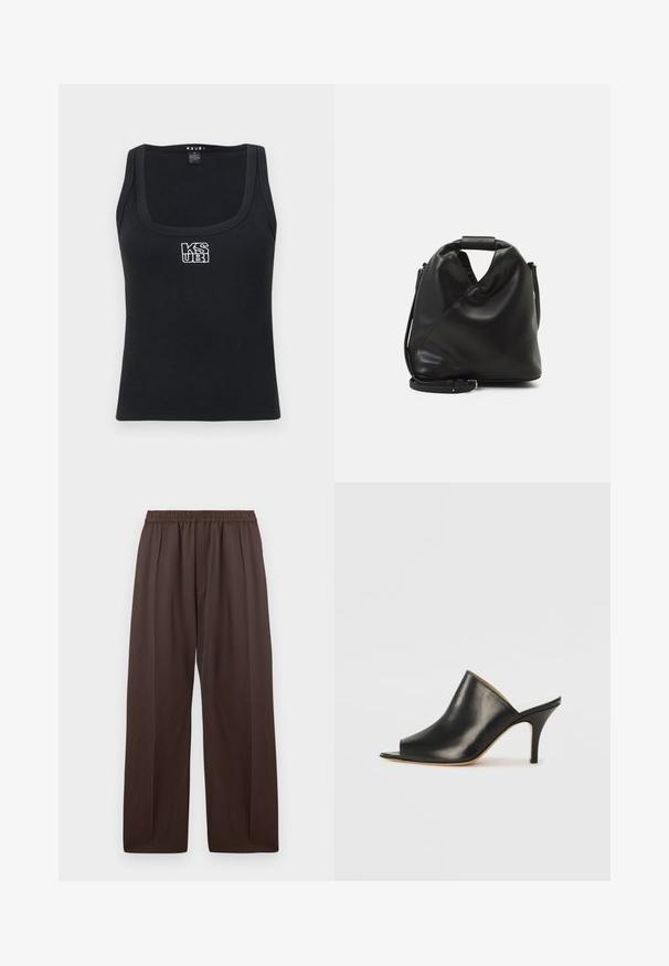 Melna ribota topiņa ar kvadrātveida kakla izgriezumu un balto izšūto logotipu priekšā. Izgatavota no elastīga materiāla.; Brūni platā kāju bikses ar elastīgu jostu un smalkām priekšējām krokām, izstādītas plakani uz baltā fona.; Melna ādas atvērta pirksta mule ar elegantu, izliekta dizaina, augstu stiletto papēdi un gludu tekstūru. Iekšpusei ir kontrastējoša gaiša krāsa.; Melnas, mīkstas ādas soma ar unikālu savērptu dizainu. Iespējo īsu rokturi un noņemamu plecu siksnu. Minimalistisks stils.