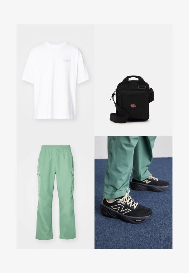 Carhartt WIP SIGNATURE SCRIPT - Basic T-shirt - white/dusty ice; Light green cargo pants with an elastic waistband, made from a smooth fabric, featuring two side pockets and a straight-leg cut.; Black athletic shoes with a mesh upper, cream accents, and a thick cushioned sole. Paired with green, tapered pants.; Black crossbody bag with a zippered pocket, rectangular shape, made of fabric, featuring a logo patch on the front, adjustable shoulder strap.