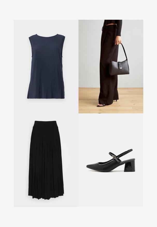 Mørkeblå ermeløs topp med ribbestrikk og rund hals, med sidesplitter, laget av et mykt stoff for komfort og bevegelsesfrihet.; Svart plissert skjørt med høy, elastisk midje. Laget av myk stoff, med vertikale folder for en flytende silhuett.; Sorte lakk lær slingback hæler med spiss tå, et avrundet utskjæringsdesign og blokkheel. Har en gulltone spenne som detalj.; Svart håndveske med strukturert form, jevn tekstur og metallisk lås. Kombinert med brede svarte bukser og sandaler med åpen tå på tregulv.