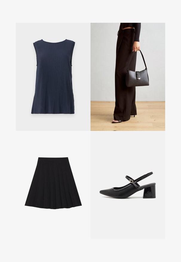 Granatowy bezrękawnik z prążkowanej dzianiny, z okrągłym dekoltem i bocznymi rozcięciami, wykonany z miękkiego materiału dla komfortu i swobody ruchów.; Czarna plisowana spódnica z teksturowanej tkaniny z dopasowanym paskiem. Sięga do kolan, wyróżniając się gładką, czystą sylwetką.; Czarne lakierowane czółenka na słupku ze spiczastym noskiem, lekko zaokrąglonym wycięciem i obcasem w kształcie bloku. Posiadają złotą klamrę jako akcent dekoracyjny.; Czarna torebka o usztywnionym kształcie, gładkiej fakturze i metalowym zapięciem. Połączona z szerokimi czarnymi spodniami i sandałami na otwartym palcu na drewnianej podłodze.