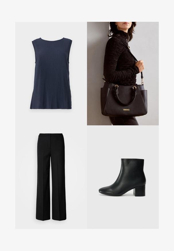 Tamno plava bezrukavna rebrasta majica s okruglim izrezom i bočnim prorezima, izrađena od mekanog materijala za udobnost i lakoću pokreta.; Crne široke hlače od glatkog materijala, s visokim strukom, krojenim šavovima i minimalističkim dizajnom. Bez vidljivih metalnih dijelova ili džepova.; Crne kožne čizme do članaka s uskim vrhom i debelim potplatom. Glatka tekstura s minimalnim detaljima i elegantan, prilagođen dizajn.; Crna torba s teksturiranom površinom, dvostrukim gornjim ručkama i podesivom remenom za rame. Ima zlatne metalne detalje i bočne džepove.