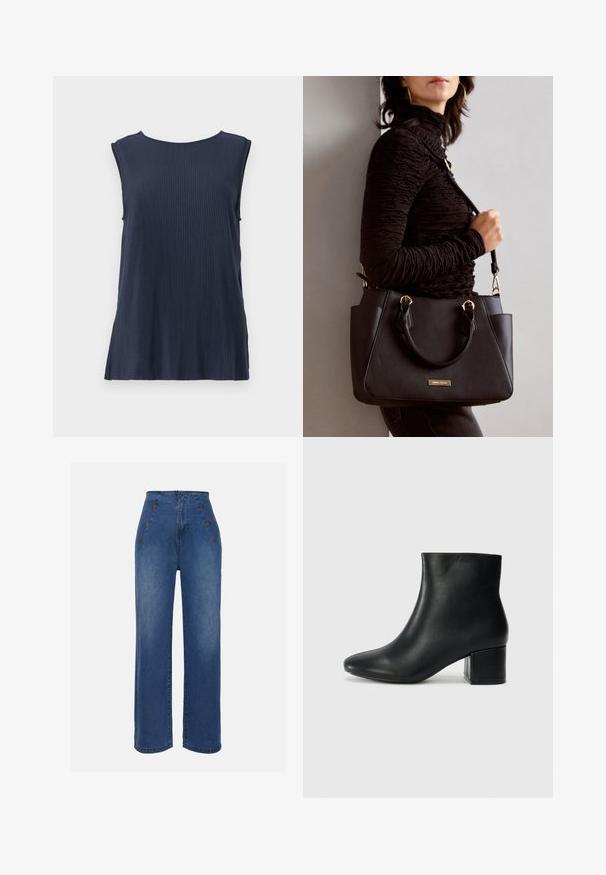 Navy blue sleeveless ribbed top with a round neckline and side slits, made from a soft fabric for comfort and ease of movement.; High-waisted denim jeans in medium blue. Features front button accents and wide-leg design. Fabric has a smooth texture with slight fading.; Black leather ankle boots with a pointed toe and a chunky heel. Smooth texture with minimal accents and a sleek, fitted design.; Black handbag with textured surface, dual top handles, and adjustable shoulder strap. Features gold-tone hardware and side pockets.