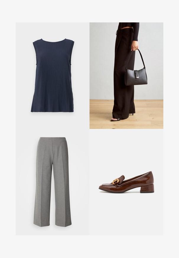 Top de canalé sin mangas azul marino con cuello redondo y aberturas laterales, hecho de una tela suave para mayor comodidad y facilidad de movimiento.; Pantalones de pierna ancha grises a medida con una textura suave, que presentan un frente plano y líneas de pliegue nítidas en cada pierna.; Mocasines de cuero marrón con un acabado brillante, que presentan una hebilla decorativa dorada en la parte frontal y un tacón bajo tipo bloque. Diseño clásico.; Bolso negro con forma estructurada, textura suave y un cierre metálico. Combinado con pantalones anchos negros y sandalias de dedo en un suelo de madera.