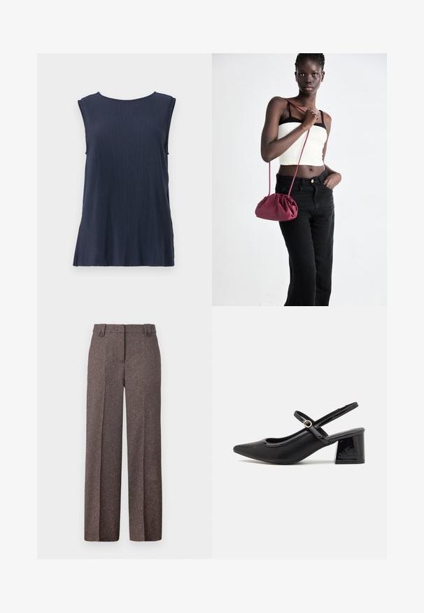 Top fără mâneci, de culoare albastru marin, cu un decolteu rotund și slituri pe lateral, realizat dintr-un material moale pentru confort și libertate de mișcare.; Pantaloni largi maro, confecționați dintr-un material texturat. Au două buzunare frontale și o croială adaptată, cu două butoane la talie.; Cizme cu toc slingback din piele sintetică lacuită neagră, cu vârful ascuțit, un design cu decupaj rotunjit și toc bloc. Include un accent cu cataramă de culoare aurie.; Geantă dintr-un material moale de culoare burgundă, cu un design plisat și o curea lungă, purtată pe umăr. Modelul poartă un top alb scurt și blugi negri.