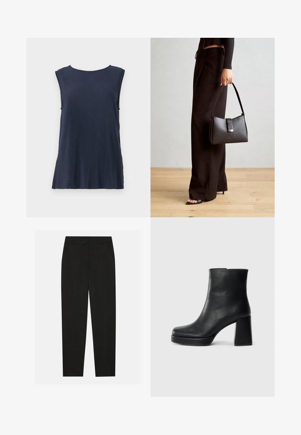 Námořnická modrá bezrukávová ribbed blúzka s kulatým výstrihom a bočnými rozparky, vyrobená z jemného materiálu pre pohodlie a ľahkosť pohybu.; Čierne nohavice s prispôsobeným dizajnom, so bočnými vreckami a rovnou nohavicou. Vyrobené z hladkej, ľahkej tkaniny s elegantným vzhľadom.; Čierne kožené členkové topánky s blokovým podpätkom a platformovou podrážkou, zobrazené z boku na bielom pozadí.; Čierna kabelka so štruktúrovaným tvarom, hladkou textúrou a kovovou sponou. V kombinácii so širokými čiernymi nohavicami a sandálmi s otvorenou špičkou na drevenej podlahe.