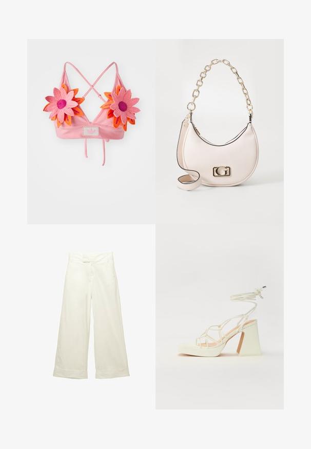 Rózsaszín bordázott bralette, keresztbe fonott pántokkal. Két nagy, rózsaszín és narancssárga horgolt virággal és egy középső logózott folttal rendelkezik.; Széles szárú nadrág puha, krém színű anyagból. Lapostermésű derékpánttal és felgöngyölt szárakkal rendelkezik. Simább textúrájú, letisztult, minimalista dizájnnal.; Fehér, magassarkú szandál vastag sarokkal, pántos dizájnnal és bokapánttal. Sima textúra, elülső platformmal a megnövelt magasság érdekében.; Rózsaszín, textúrált bőr kézitáska arany lánc pánttal, kerek formájú, az elején arany logó kiegészítővel. További vállpánttal rendelkezik.