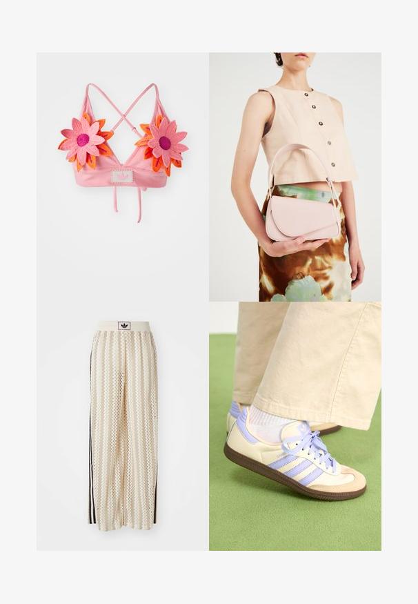 Bralette de cinta rosa con tirantes entrecruzados. Presenta dos grandes flores de ganchillo en rosa y naranja, además de un parche central con la marca.; Pantalones de pierna ancha en color crema con un patrón en zigzag, que cuentan con una cinturilla con logo negro y franjas negras en los laterales. Tejido ligero y texturizado.; Zapatillas de crema y lavanda con tres rayas y una suela marrón texturizada, que cuentan con cordones y un talón acolchado. Parte superior de tela suave.; Bolso de cuero rosa con una solapa curva, una correa para el hombro y líneas limpias. El bolso presenta una textura suave y un diseño minimalista.