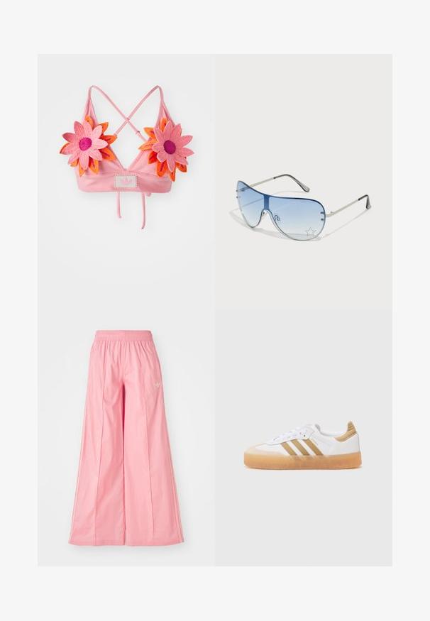 Bralette rosa com nervuras e alças entrelaçadas. Apresenta duas grandes flores de crochê em rosa e laranja e um emblema central de marca.; Calças largas rosas feitas de tecido leve, com um cós elástico e riscas brancas discretas dos lados. Pequeno logotipo na frente.; Sapatilhas brancas com detalhes bege, apresentando três riscas, bico arredondado e sola de borracha translúcida. Materiais de couro liso e têxtil.; Óculos de sol aviador com lentes azuis em degradê, armação metálica prateada e detalhes decorativos de estrelas nas lentes. Design suave e elegante.