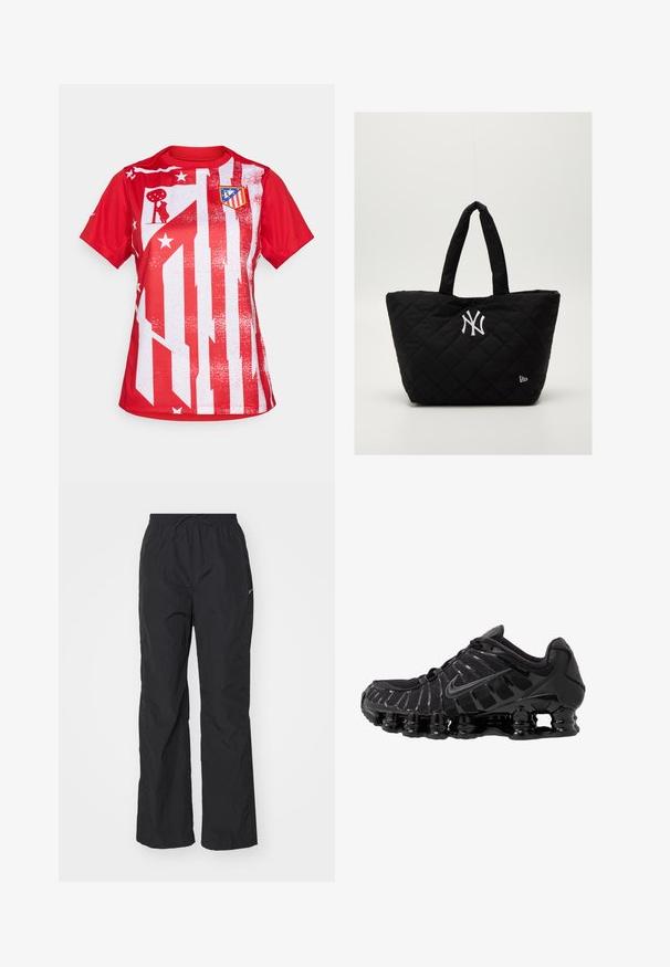 Červený krátký rukávový dres s bílým pruhovaným designem a hvězdami, s klubovým emblémem na levé straně hrudi, vyrobený z lehkého materiálu.; Černé, lehké kalhoty s elastickým pasem a stahovací šňůrkou. Mají texturovaný povrch a malé reflexní logo na boku.; Černá sportovní bota s síťovaným svrškem a lesklými detaily. Má zakřivené odpružení z pružin a texturované linie na straně. Viditelné logo Nike.; Prošívaná černá taška na rameno s dvojitými uchy, s bílým logem New York Yankees a malým emblémem značky na boku.