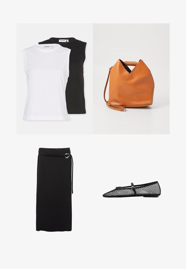 Weekday FITTED TANK 2 PACK - Top - white/black; Schwarzer midi Rock aus glattem Stoff. Merkmale ein minimalistisches Design, einen Gürtel mit Metallring und eine hohe Taille.; Schwarze Netz-Balletflats mit spitz zulaufender Zehenpartie, dekorativem Riemen und dezentem Akzent. Sie verfügen über ein offenes Netzdesign und eine flache Sohle.; Braune Lederhandtasche mit einzigartigem dreieckigem Faltendesign, Obergriff und abnehmbarem Schultergurt auf weißem Hintergrund.