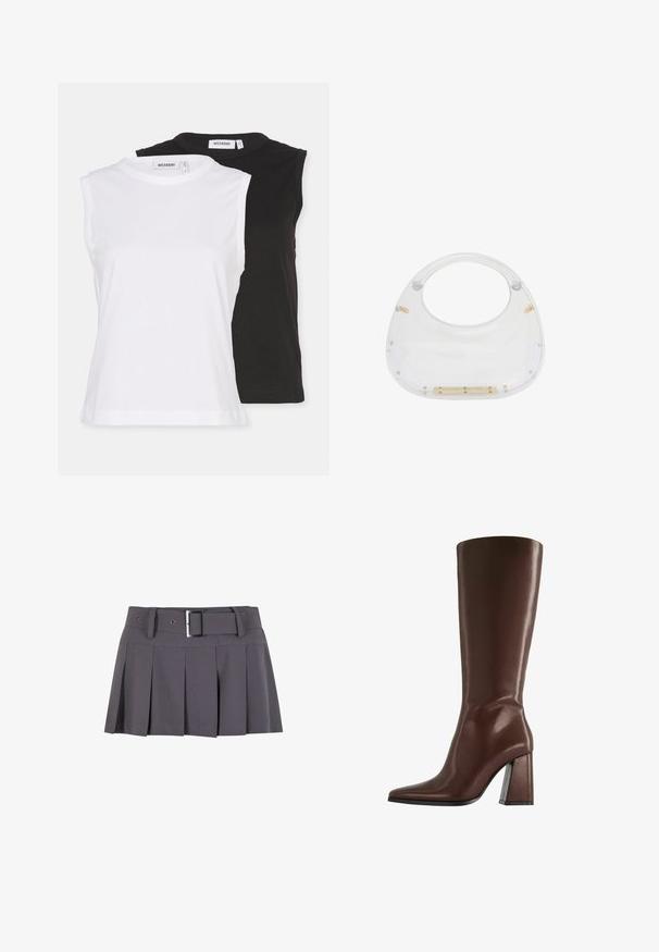 Weekday FITTED TANK 2 PACK - Top - white/black; Mini gonna plissettata grigia con una texture morbida, dotata di una vita larga, passanti per la cintura e un dettaglio con fibbia rettangolare in argento.; Stivale marrone in pelle alto fino al ginocchio con punta a punta e tacco medio spesso, mostrato di profilo su sfondo bianco.; Borsa in acrilico trasparente con parte superiore arrotondata e manico aperto. Presenta dettagli in hardware dorato e una superficie liscia e lucida.
