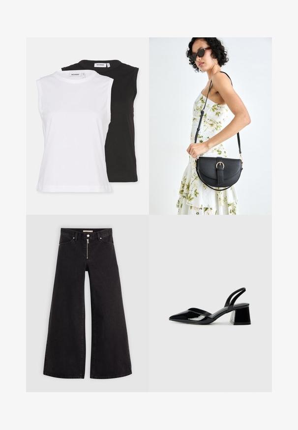 Weekday FITTED TANK 2 PACK - Tops - white/black; Platas kājas džinsi melnā džinsa audumā ar rāvējslēdzēju priekšā, piecu kabatu dizains un smalkas šuvju detaļas. Gluda tekstūra un ikdienišķs stils.; Melna lakota āda ar atvērto papēdi, ar smailu purngalu un ģeometrisku blokpapēdi. Iezīmējas elegants, minimāls dizains un gluda tekstūra.; Melnas ādas rokassoma ar izliekta formu, noņemamu siksnu un zelta aksesuāriem. Somai ir vāciņš ar sprādzes detaļu.