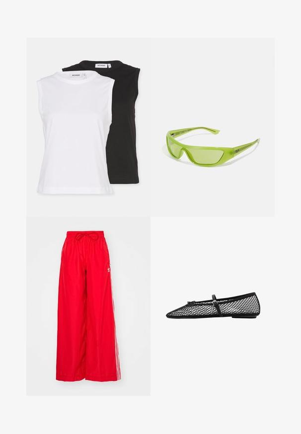 Weekday FITTED TANK 2 PACK - Top - white/black; Pantaloni roșii cu picioare largi, realizați dintr-un material ușor, având dungi albe pe laterale și un elastic la talie cu șnur.; Balerini negre din plasă, cu vârful ascuțit, curea decorativă și un accent subtil. Prezintă un design din plasă deschisă și talpă plată.; Ochelari de soare verzi cu un design aerodinamic, tip wraparound. Construiți din plastic ușor, cu lentile colorate și branding discret pe brațele ochelarilor.