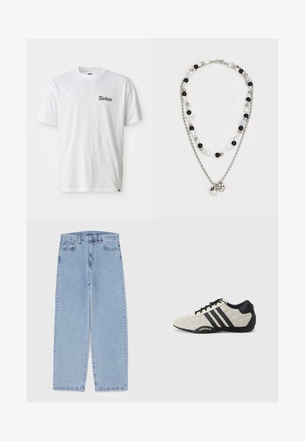 Tricou alb din bumbac, cu mâneci scurte și guler rotund. Prezintă logo-ul negru "Dickies" imprimat pe partea stângă a pieptului.; Jeans din denim de culoare albastru deschis, cu un design cu picioare drepte, având talie medie, cinci buzunare și un sistem de închidere cu nasture și fermoar.; Pantof sport Adidas cu un material superior texturat de culoare gri deschis și accente din piele neagră. Prezintă logo-ul cu trei dungi negre și o talpă amortizată.; Colier cu două straturi, având o lanț de argint, mărgele mixte în culorile negru, alb și crem, cu farmecuri decorative ce seamănă cu zaruri și o minge.