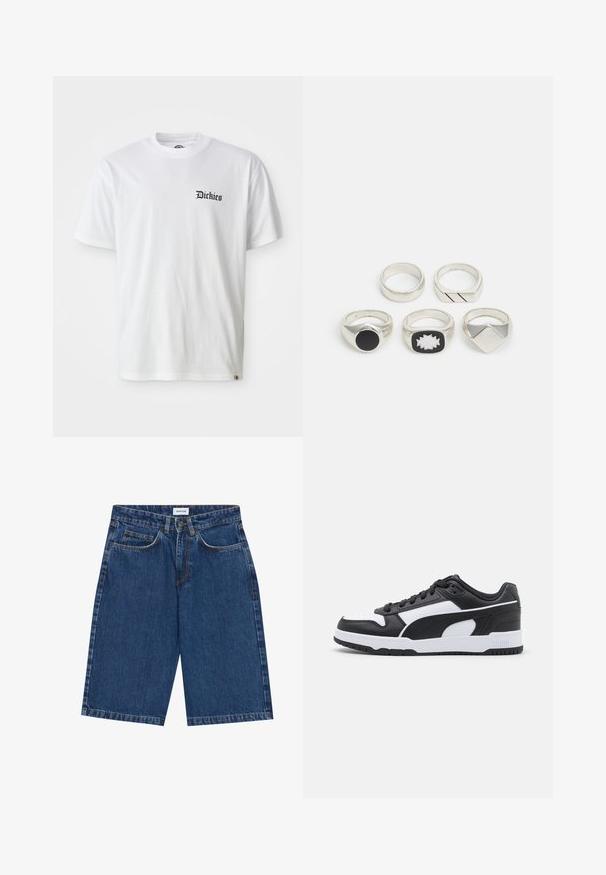 White cotton T-shirt with short sleeves and a crew neck. Features black "Dickies" logo printed on the left chest area.; Denim shorts in dark blue, featuring a five-pocket design, straight cut, and visible stitching accents. Smooth texture and mid-rise waist.; Black and white sneaker with a leather upper, textured accents, padded tongue, lace-up design, and a rubber outsole featuring grooves.; Five silver rings: one with a black circular detail, one with a white and black geometric pattern, and others with various shapes and finishes.