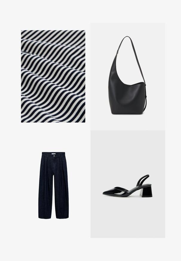 Bavlněná tkanina s vlnitými námořnickými modrými a bílými pruhy. Textura je hladká s mírným elastickým efektem, což vytváří dynamický vizuální vzor.; Tmavě modré rozšířené kalhoty z denimu s přehyby v pase, vybavené předním knoflíkem a poutky na opasek. Hladká textura a design v plné délce.; Černé lakované kožené lodičky na pásku s špičatou špičkou a geometrickým blokovým podpatkem. Vyznačují se elegantním, minimalistickým designem a hladkým povrchem.; Černá kožená hobo taška s hladkým povrchem, zakřiveným tvarem a jedním nastavitelným popruhem; má široké otevírání nahoře.