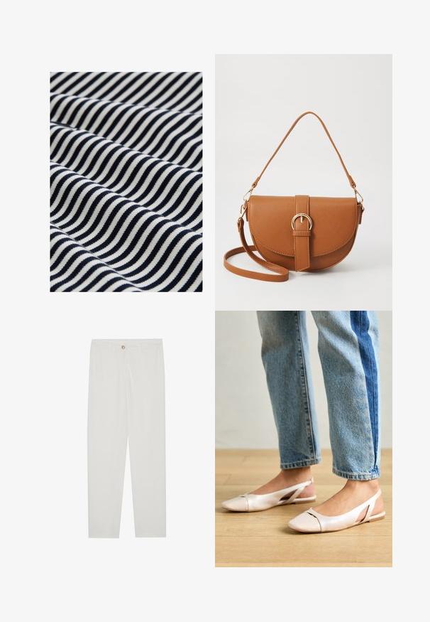 Baumwollstoff mit wellenförmigen navyblauen und weißen Streifen. Die Textur ist glatt mit einem leichten Stretch, was ein dynamisches visuelles Muster erzeugt.; Weisse, maßgeschneiderte Hosen mit geradem Bein, die über einen Knopfverschluss, Gürtelschlaufen und Seitentaschen verfügen; glatte Stoffoberfläche.; Blassrosa Slingback-Ballerinas mit spitzem Punkt, aus einem glatten, lederähnlichen Material. Mit Ausschnitten an den Seiten und einem flachen Absatz.; Braune Leder-Crossbody-Tasche mit geschwungener Form, goldfarbenen Beschlägen und einer Schnallenakzentuierung. Verfügt über einen abnehmbaren Schultergurt.