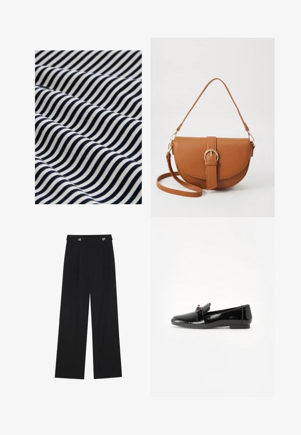 Tkanina bawełniana z falistymi, granatowo-białymi paskami. Tekstura jest gładka z niewielkim rozciągnięciem, co tworzy dynamiczny wzór wizualny.; Czarne szerokie spodnie z wysokim stanem, z detalami w postaci guzików na pasku oraz plisami z przodu.; Czarne lakierowane loafery z płaską podeszwą, zaokrąglonym noskiem i dekoracyjnym paskiem z złotym akcentem. Gładkie, błyszczące wykończenie.; Brązowa skórzana torba na ramię o zaokrąglonym kształcie, ze złotymi akcentami i zapięciem w formie klamry. Posiada odpinany pasek na ramię.