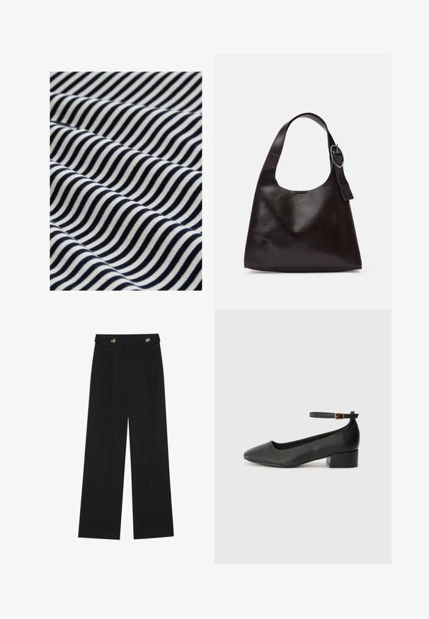 Baumwollstoff mit wellenförmigen navyblauen und weißen Streifen. Die Textur ist glatt mit einem leichten Stretch, was ein dynamisches visuelles Muster erzeugt.; Schwarze weite Hosen mit hoher Taille, Knopfdetails am Bund und vorderen Falten.; Schwarze Lederpumps mit spitzem Zehenbereich und niedrigem Blockabsatz. Mit einem Knöchelriemen und einer goldfarbenen Schnalle. Glatte Textur.; Braune Lederumhängetasche mit glatter Textur, runder Form, breitem Tragegurt und metallischem, kreisförmigem Akzent am Griff.