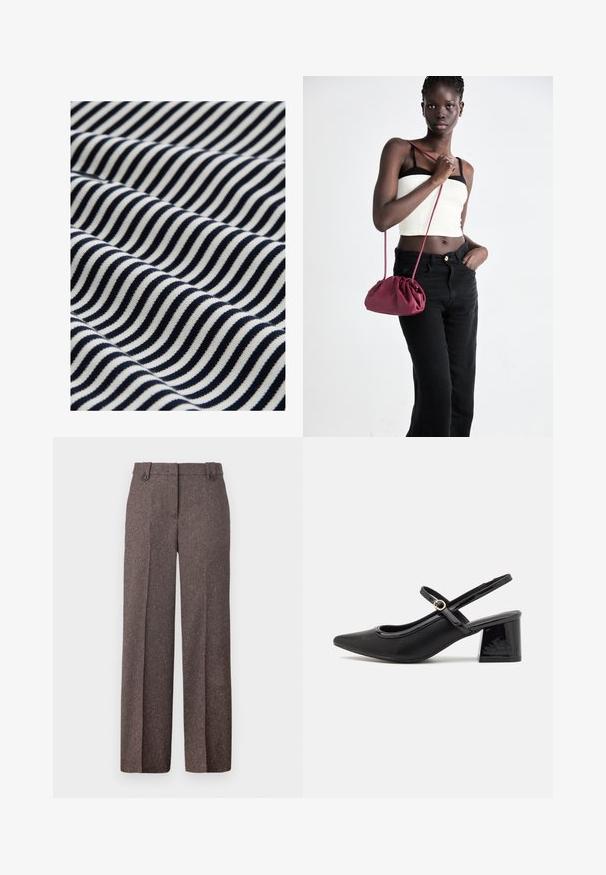 Țesătură din bumbac cu dungi ondulate de culoare albastru marin și alb. Textura este netedă, cu o ușoară elasticitate, creând un model vizual dinamic.; Pantaloni largi maro, confecționați dintr-un material texturat. Au două buzunare frontale și o croială adaptată, cu două butoane la talie.; Cizme cu toc slingback din piele sintetică lacuită neagră, cu vârful ascuțit, un design cu decupaj rotunjit și toc bloc. Include un accent cu cataramă de culoare aurie.; Geantă dintr-un material moale de culoare burgundă, cu un design plisat și o curea lungă, purtată pe umăr. Modelul poartă un top alb scurt și blugi negri.