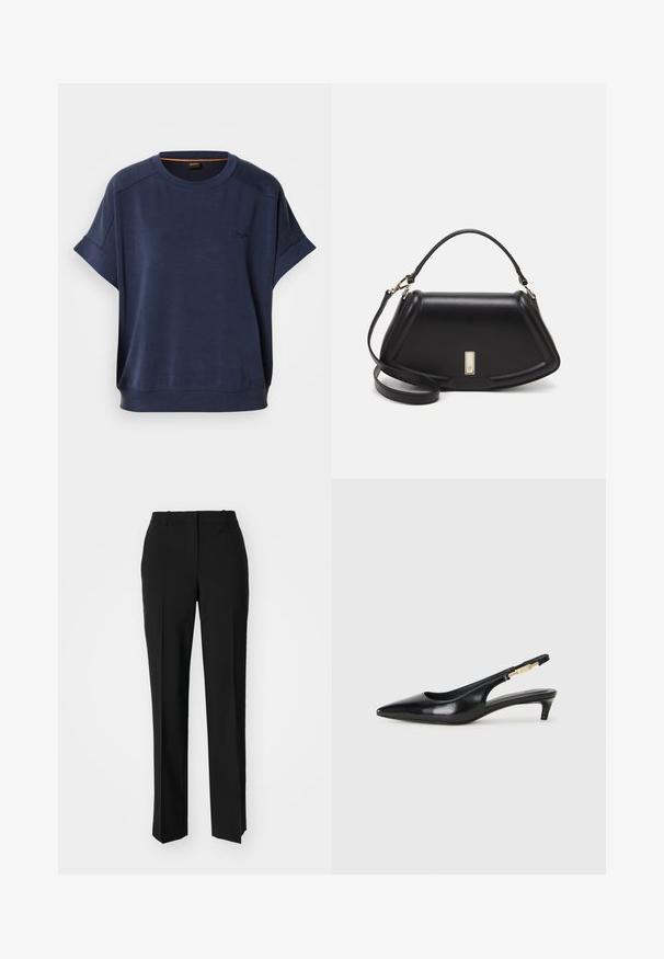 Marintröja i oversized passform i mjukt material, med korta ärmar och rundad halsringning. Diskret logotypdetalj framtill.; Svarta skräddarsydda byxor med rak benform, med en slät yta och skarpa veck fram. Ingen synlig hårdvara.; Svart läder slingback-hälar med spetsig tå, med en smal klack och en guldtonad detalj på den justerbara remmen. Slät textur.; Svart läderhandväska med en strukturerad design, som har en avskuren form, ett handtag upptill och guldiga detaljer. Justerbar axelrem ingår.