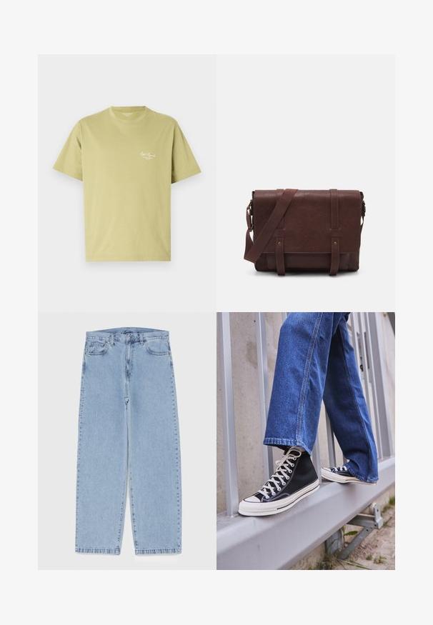 Light green cotton t-shirt with short sleeves, a round neckline, and a small white logo text on the left chest area.; Light blue denim jeans with straight leg design, featuring a mid-rise waist, five pockets, and a button and zipper closure.; Black high-top sneakers with white sole and laces, paired with loose blue denim jeans, resting on a gray railing.; Brown leather messenger bag with a flat front flap, two straps, gold hardware accents, and an adjustable shoulder strap.
