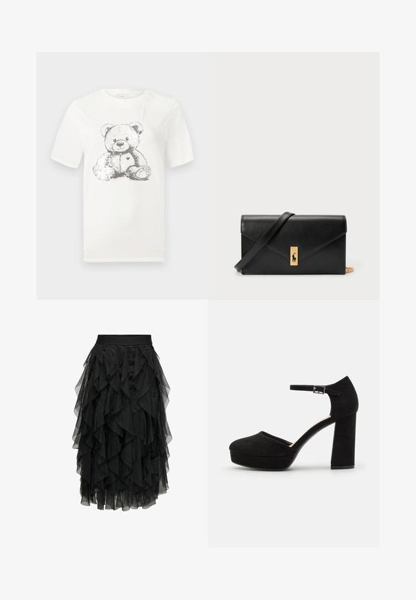 Weißes Baumwoll-T-Shirt mit einem gedruckten Bärenmotiv in Grau, verziert mit Pailletten, kurzen Ärmeln und einem Rundhalsausschnitt. Reguläre Passform.; Schwarzer Midirock aus geschichtetem Tüll mit Rüschendesign. Verfügt über einen elastischen Bund. Durchsichtiger Stoff sorgt für Textur und Bewegung.; Schwarze Wildleder-Plattformabsätze mit einem dicken Blockabsatz, runder Zehenpartie und einem Knöchelriemen, der mit einer Metallschnalle gesichert ist. Glatte Oberfläche über das gesamte Schuhwerk.; Schwarze Leder-Geldbörse mit Klappverschluss, goldfarbener Hardware und Logo-Akzent. Inklusive abnehmbarem Trageriemen.