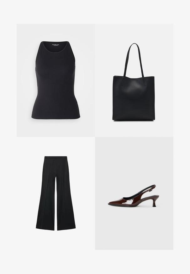 Abercrombie & Fitch HIGHNECK 4WAY CURVE HEM CAMI - Toppi - black beauty; Mustat leveälahkeiset housut, joissa on sileä pinta, etupuolella laskokset ja muotolaskettu malli. Kangas on kevyttä ja laskeutuvaa.; Ruske patentin nahkalijatke sa špicastim nosom i umjerenom petom. Sadrže remen s kopčom za sigurno pristajanje. Glatka tekstura.; Mustapahkainen kangaskassi, jossa on sileä pinta, suorakaiteen muotoinen ja kaksi pitkää kahvaa. Ei näkyvää metalliosaa tai koristeita.