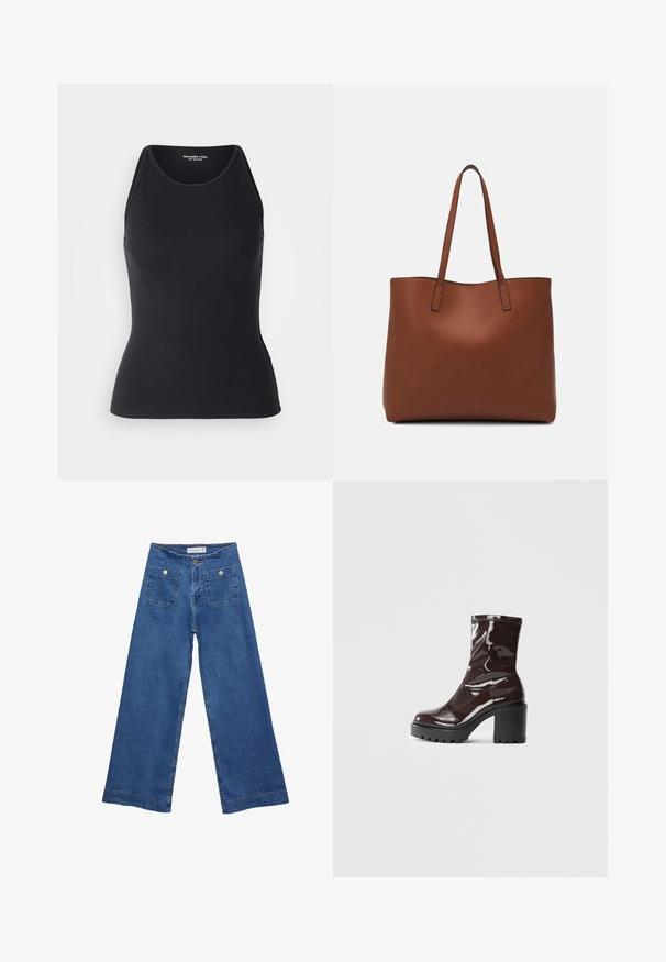 Abercrombie & Fitch - Top; Jeans dżinsowe o szerokich nogawkach w średnim niebieskim odcieniu, z dwiema przednimi kieszeniami zapinanymi na guziki oraz przeszyciami wzdłuż dołów nogawek.; Błyszczące bordowe botki za kostkę z masywną czarną obcasem, charakteryzujące się gładką teksturą i prostym wzornictwem. Brak widocznych zapięć lub wzorów.; Brązowa skórzana torba tote o gładkiej fakturze, z otwartym wierzchem i dwoma ramiączkami. Charakteryzuje się minimalnym przeszyciem i brakiem widocznych elementów metalowych.