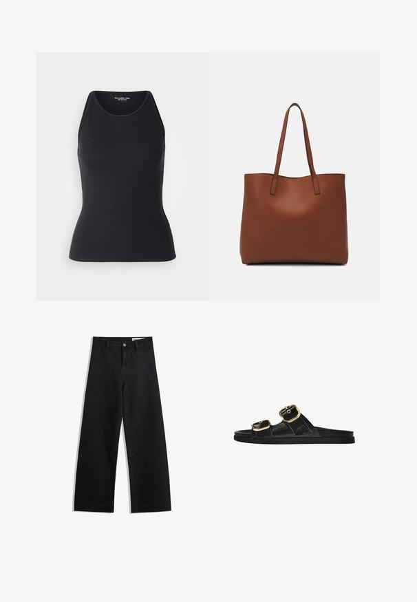 Abercrombie & Fitch HIGHNECK 4WAY CURVE HEM CAMI - Top - black beauty; Sorte wide-leg denim bukser med høj talje, der har front- og baglommer, syede sømme og en knaplukning. Glat tekstur.; Sort skridsandal med to guldspænder, glat tekstureret materiale, flad sål og et minimalistisk design.; Brun læder tote taske med en glat overflade, åben topdesign og to skulderremme. Har minimal syning og ingen synlig hardware.