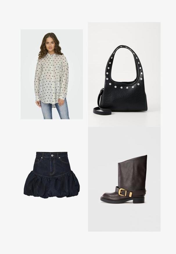 Gaišs, caurspīdīgs krekls ar pogām un apkakli, kuram ir balta fona un melnu punktiņu raksts. Garas piedurknes ar pogājamām aprocēm.; Tumša džinsu svārki ar pieguļošu jostu un pūkainu rufļotu apakšdaļu. Iespējas priekšējās kabatas un metāla pogas aizdare.; Tumši brūni ādas zābaki līdz vidus teļam ar melnu zoli, zemu papēdi un dekoratīvu zelta sprādzi ap potīti, redzami no sāna.; Melnas strukturētas ādas rokassomu ar sudraba kniedēm gar augšējo malu un rokturiem, kura ietver īsu rokturi un noņemamu siksniņu.