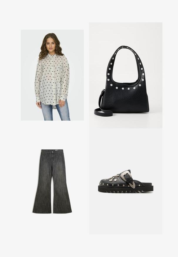 Licht, transparant button-up shirt met een kraag, met een witte achtergrond en zwarte stippen. Lange mouwen met knoopmanchetten.; Zwarte flare jeans met een hoge taille, voorzien van twee voorkruisjes en twee achterzakken, gemaakt van een gestructureerde denimstof.; Zwarte leren klompen met metalen ornamenten, waaronder studs en een decoratieve gesp, met een dikke, gekartelde zool.; Zwarte leren handtas met een gestructureerd oppervlak en zilveren studs langs de bovenrand en handvatten, voorzien van een kort handvat en een afneembare schouderband.