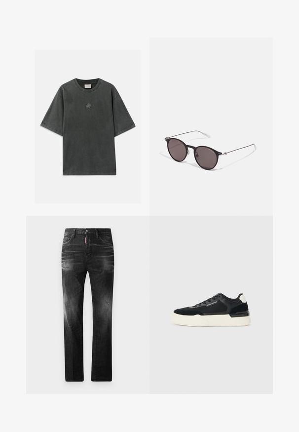 T-shirt de algodão cinza com um corte folgado, mangas curtas e decote redondo. Apresenta um pequeno logotipo no peito. Textura suave.; Jeans de denim preto com um corte reto. Apresentam áreas desbotadas, ligeira degradação, design clássico de cinco bolsos e um fecho de botão.; Sapata preta feita de malha e couro, apresentando uma sola branca grossa e detalhes contrastantes. Cadarços e detalhe do logótipo na lateral.; Óculos de sol redondos pretos com lentes escuras e hastes metálicas finas. Inclui pontas de templo transparentes e detalhes em prata na dobradiça. Design minimalista.