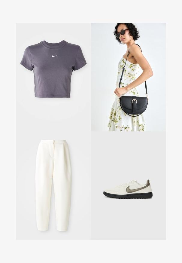 Kratký rukáv a zkrácený černý bavlněný tričko ve tmavě šedé barvě, s bílým logem Nike swoosh na hrudi a kulatým výstřihem.; Bílé kalhoty s vysokým pasem a zúženým střihem, se skrytým předním zapínáním a bočními kapsami, vystavené na čistém bílém pozadí.; Nike Sportswear FIELD GENERAL - Tenisky - off-white/black; Černá kožená kabelka s křivkovým tvarem, odnímatelným popruhem a zlatými detaily. Kabelka má klopu s přezkou.