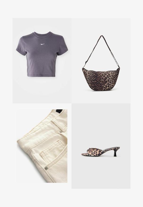 Rövid ujjú, sötétszürke pamut póló, fehér Nike swoosh logóval a mellkasán és kerek nyakkal.; Krém színű farmernadrág, texturált felülettel, kis elülső zsebbel és kontrasztos varrással. Ideális hétköznapi viselethez.; Leopárdmintás mules cipők alacsony, fekete stiletto sarkúval. Puha szövet felsőrész, elöl csomó részlettel és sima, lapos talppal.; Leopárdmintás anyagú táska, ívelt formával, vékony vállpánttal és cipzáros záródással. Természetes bézs és sötétbarna árnyalatok. Simább textúra.