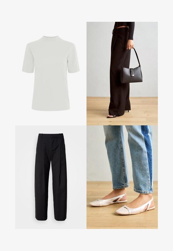 ICHI IHRANIA - T-shirt - bas - cloud dancer; Svarta byxor med en avslappnad passform, veckad front och bältesloopar. Slät tyg och raka ben, med sidofickor.; Ljust rosa slingback-lägenheter med spetsig tå, tillverkade av ett slätt läderliknande material. Har utskurna detaljer på sidorna och en platt häl.; Svart handväska med strukturerad form, slät yta och metallspänne. Matchad med vida svarta byxor och sandaler med öppen tå på trägolv.