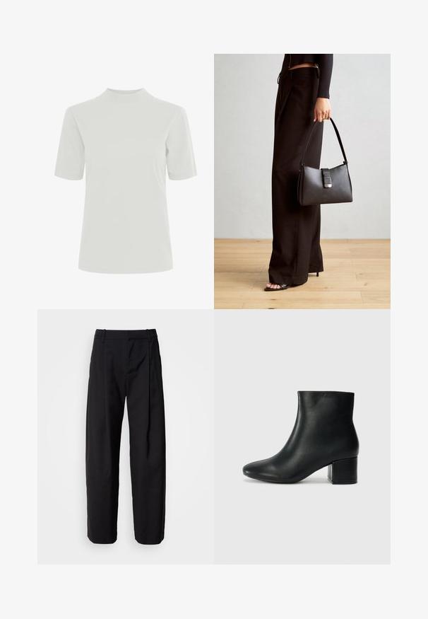 ICHI IHRANIA - Basic T-shirt - cloud dancer; Black trousers with a relaxed fit, pleated front, and belt loops. Smooth fabric and straight legs, featuring side pockets.; Black leather ankle boots with a pointed toe and a chunky heel. Smooth texture with minimal accents and a sleek, fitted design.; Black handbag with structured shape, smooth texture, and a metallic clasp. Paired with wide black pants and open-toe sandals on wooden floor.