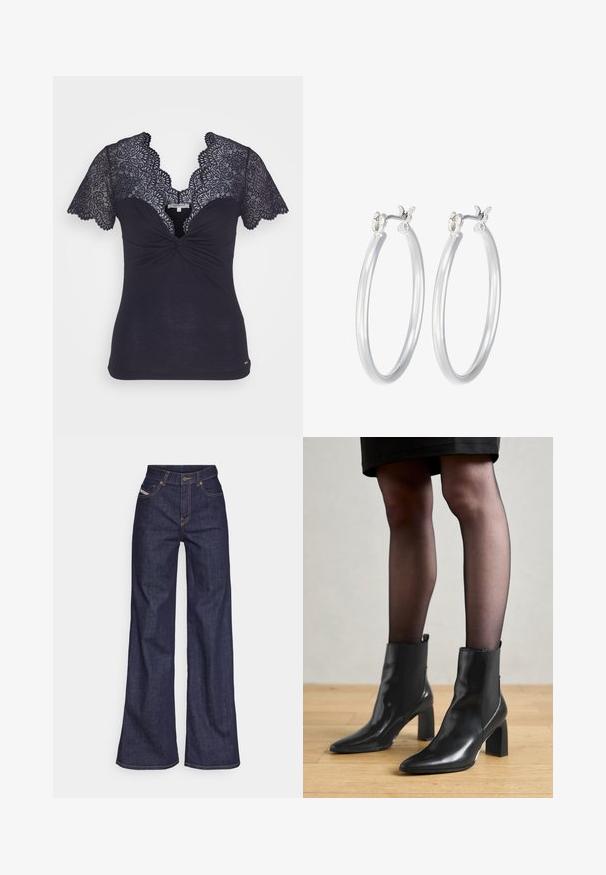 Morgan DENNY - Marškinėliai su spaudiniu - marine; Tamsiai mėlynos plačios kojų džinsinės kelnės iš denimo audinio su aukštu liemeniu, su oranžinėmis siūlėmis, penkių kišenių dizainu ir sagčių užsegimu.; Juodos odinės aulinės botai su smailiu priekiniu galiuku, masyviu kvadratiniu kulnu ir elegantišku dizainu. Yra elastingos šoninės detalės, kad būtų lengva užsidėti.; Sidabriniai auskarai su sklandžiu, poliruotu paviršiumi. Apvalios formos ir saugus uždarymo mechanizmas. Lengvas dizainas, tinkantis kasdieniam dėvėjimui.
