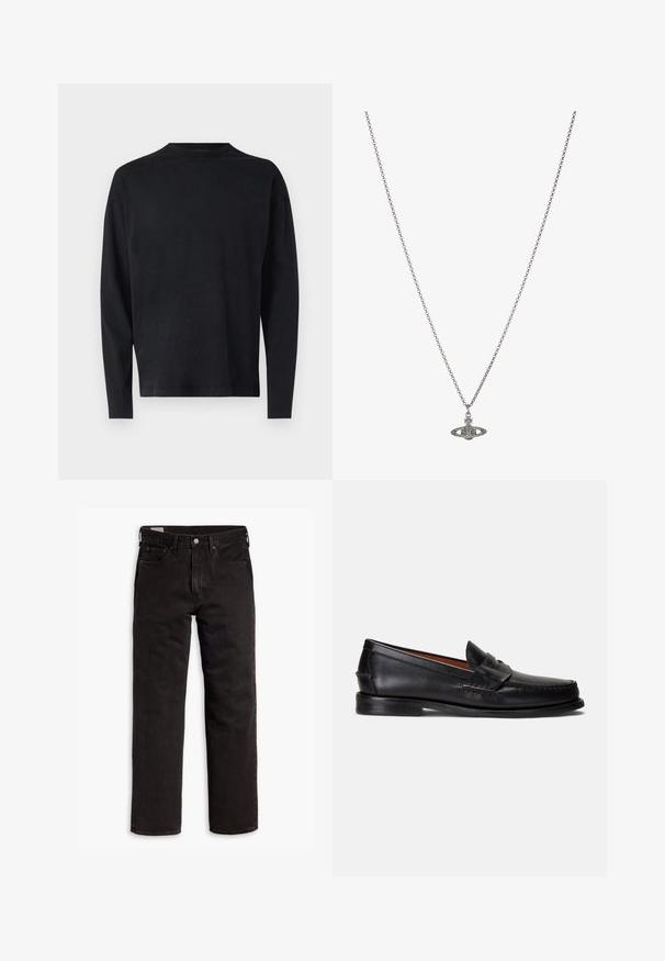 Černá dlouhá polokošile vyrobená z jemné látky. Má kulatý výstřih a spadlé ramenní švy. Hladký povrch bez viditelných vzorů.; Černé džíny rovného střihu s pěti kapsami, zapínáním na knoflík a poutky na opasek, položené na bílém pozadí.; Černé kožené mokasíny s hladkým povrchem, zaoblenou špičkou a ozdobným páskem přes horní část. Mají nízkou černou podrážku.; Stříbrný řetízek s detailním přívěskem ve tvaru planety, zdobený malými akcenty a složitými vzory.