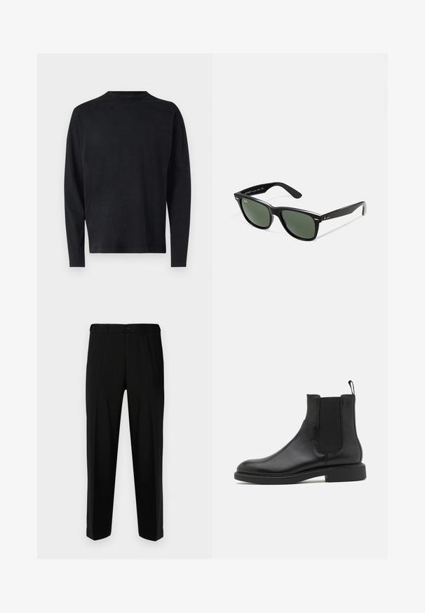 Black long-sleeve shirt made of soft fabric. Features a crew neckline and dropped shoulders. Smooth texture with no visible patterns.; Black trousers made of smooth fabric, featuring a straight cut, two front pockets, and a zip fly with button closure.; Black leather ankle boot with smooth texture, elastic side panels, and a pull tab. Round toe and flat rubber sole with minimal tread.; Black plastic sunglasses with green lenses, square frames, silver accent on the brow, and textured temple arms. Stated brand on inner arm.