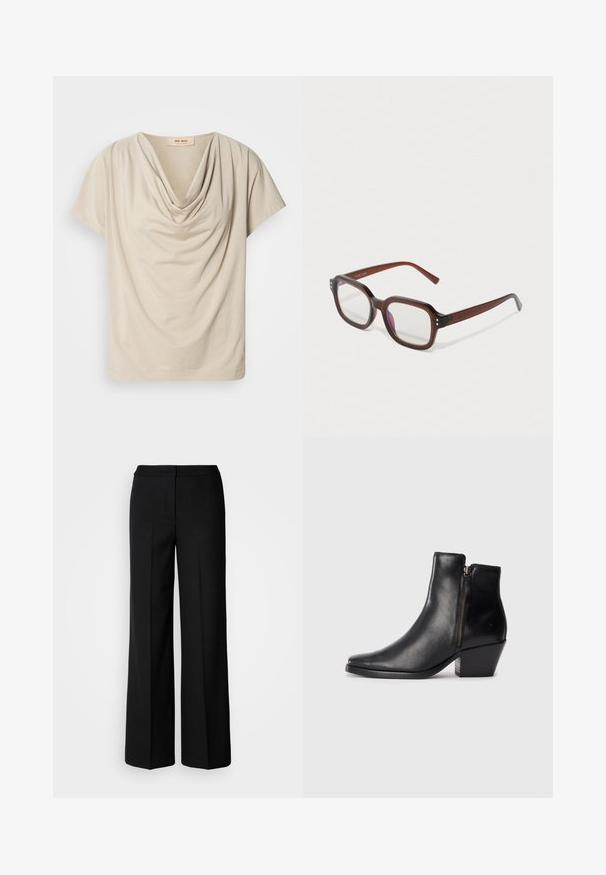 Beidzīga īsām piedurknēm virsjaka ar plūstošu apkakli. Mīksts, viegls audums ar gludu tekstūru un brīvu piegriezumu. Etiķete redzama pie apkakles.; Melni plati bikses ar gludu audumu, piedāvājot augstu jostasvietu, pielāgotas šuves un minimālistisku dizainu. Nav redzamu piederumu vai kabatu.; Melna ādas potītes zābaciņš ar smailu purngalu, sānu rāvējslēdzēju un masīlu papēdi. Gluda tekstūra un minimālistisks dizains.; Brūni caurspīdīgi taisnstūrveida briļļu rāmis ar caurspīdīgiem lēcām, ar vieglu violetu atspulgu un maziem zeltītu dekoriem priekšējās stūrītēs.; Sudraba gredzena auskari ar gludu, pulētu apdari. Apaļa forma ar nedaudz izliekta dizaina un sajauktām malām. Ar tapu aizdari.