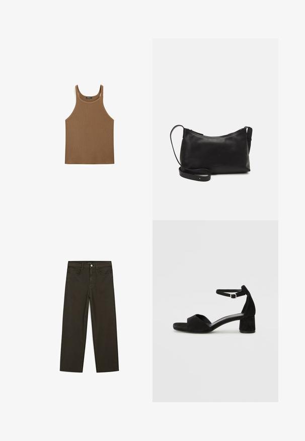 Bruine mouwloze tanktop van ribstof. Heeft een ronde halslijn en brede schouderbanden. Eenvoudig ontwerp, zonder patronen of versieringen.; Donkergroene wijde jeans van een katoenmix, met een sluiting met een voorste knop, vijf zakken en klassieke denimstiksels.; Zwarte suede hakken met een dunne enkelband, open teen ontwerp en een bescheiden blokhak. Zachte textuur en minimale accenten.; Zwarte leren schoudertas met een gladde textuur, gebogen vorm, verstelbare schouderband en een ritsafsluiting. Minimalistisch ontwerp zonder versieringen.