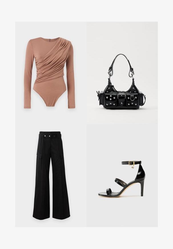 Body cu mânecă lungă dintr-un material moale de culoare maro, având un design drapat în față și închidere cu capse în partea de jos. Textură netedă, formă ajustată.; Pantaloni evazați negri cu talie înaltă, având buzunare laterale mari, două nasturi frontali și un detaliu cu buclă. Confectionați dintr-un material rezistent.; Sandale negre din piele lacuită, cu trei curele, cataramă la glezna și toc stiletto de 10 cm. Prezintă detalii din metal auriu și un charm cu logo.; Geantă de piele neagră cu un design curbat, dotată cu studuri argintii, o cataramă și două buzunare laterale. Curea ajustabilă pentru opțiuni de transport.