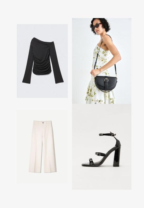 Top nero con spalle scoperte e maniche lunghe, con texture arricciata sui lati, realizzato in un tessuto morbido e elasticizzato, caratterizzato da un design aderente.; Pantaloni larghi color crema con design sartoriale, dotati di due tasche frontali e una chiusura con bottone anteriore, realizzati in tessuto liscio.; Sandali con tacco in vernice nera, con punta squadrata, cinturini alla caviglia e fibbie in argento. Presentano un tacco a blocco spesso per maggiore stabilità.; Borsa a tracolla nera in pelle con una forma curva, manico rimovibile e accessori dorati. La borsa presenta una patta con un dettaglio a fibbia.