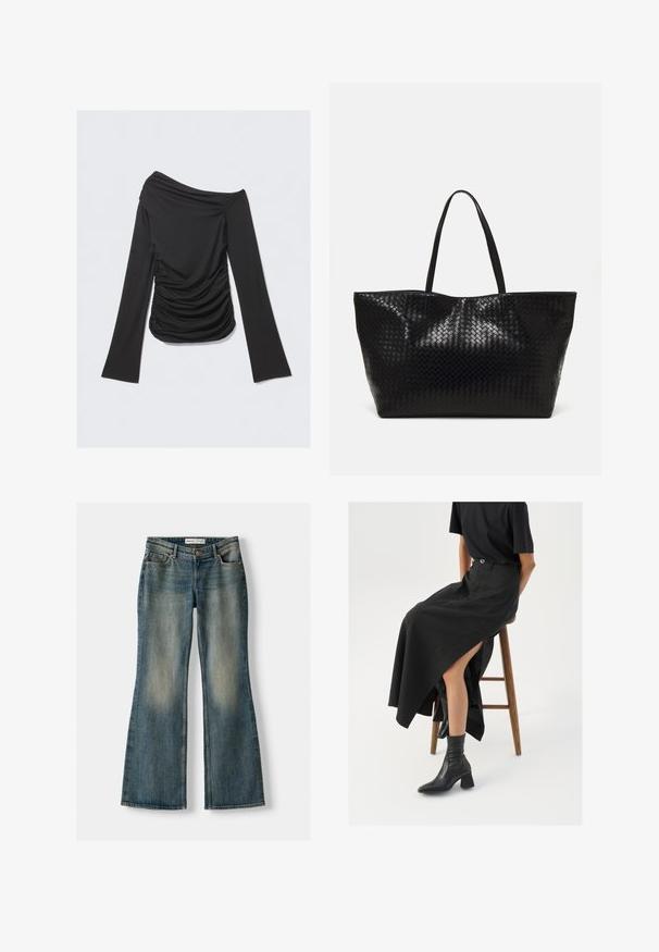 Schwarzes Off-Shoulder-Oberteil mit langen Ärmeln und gerafftem Design an den Seiten, aus weichem, dehnbarem Stoff gefertigt, mit einer figurbetonten Passform.; Blaue Schlagjeans mit einem ausgewaschenen Look, fünf Taschen und einem Knopfverschluss. Das Material zeigt eine Denim-Textur mit dezenten Stickdetails.; Schwarzer Leinen-Maxi-Rock mit hohem Schlitz, getragen mit einem schwarzen T-Shirt und schwarzen Knöchelstiefeln. Minimalistisches Design mit lockerer Passform.; Schwarze geflochtene Tragetasche mit zwei stabilen Griffen, die eine glänzende Textur und ein geräumiges offenes Design bietet.