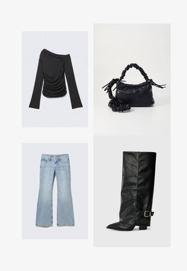 Black off-shoulder long-sleeve top with gathered texture on the sides, made from soft, stretchy fabric, featuring a form-fitting design.; Weekday NOVA - Slim fit jeans - lip blue; Black leather ankle-length boots with a pointed toe, smooth texture, and a silver buckle accent on the side. Chunky square heel.; Black faux leather handbag with a crocodile texture, cinched top, and a scrunched strap. Appears soft and compact in design.