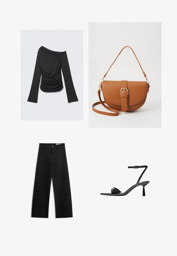 Czarny top z odkrytymi ramionami i długim rękawem, z marszczonym wykończeniem po bokach, wykonany z miękkiego, elastycznego materiału, o dopasowanym kroju.; Czarne dżinsowe spodnie o szerokich nogawkach i wysokim stanie, z przednimi i tylnymi kieszeniami, przeszyciami oraz zapięciem na guziki. Gładka struktura.; Bershka - Sandały na obcasie; Brązowa skórzana torba na ramię o zaokrąglonym kształcie, ze złotymi akcentami i zapięciem w formie klamry. Posiada odpinany pasek na ramię.