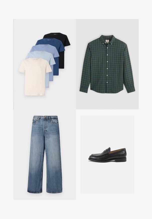 Collezione di cinque t-shirt a girocollo in tonalità di crema, azzurro chiaro, blu scuro e nero, realizzate in morbido cotone, con design semplice.; Camicia a maniche lunghe con motivo a quadri verde, blu e giallo, bottoni bianchi e colletto abbottonato.; Jeans in denim blu a gamba larga con lavaggio sbiadito, design a cinque tasche e chiusura con bottone. Dotati di passanti per cintura e dettagli cuciti.; Mocassini in pelle nera con finitura liscia, punta arrotondata e cuciture decorative sulla tomaia. Tacco basso impilato e leggero lucido.