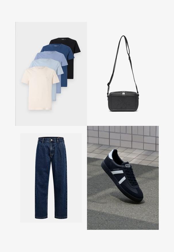 Kollektion von fünf Rundhalsausschnitt-T-Shirts in Cremetönen, Hellblau, Dunkelblau und Schwarz, aus weichem Baumwollmaterial, mit schlichtem Design.; Dunkelblaue Denim-Jeans mit geradem Bein. Mit sichtbaren Nähten, einem Knopfverschluß und Frontfalten für zusätzliche Details.; Schwarze Leder-Sneaker mit weißen Streifen, strukturiertem Gummisohle und Schnürung. Verfügt über ein Markenetikett auf der Zunge.; Schwarze Leder-Crossbody-Tasche mit einem Reißverschluss, geprägtem Logo auf der Vorderseite und verstellbarem Riemen. Glatte Textur mit rechteckiger Form.