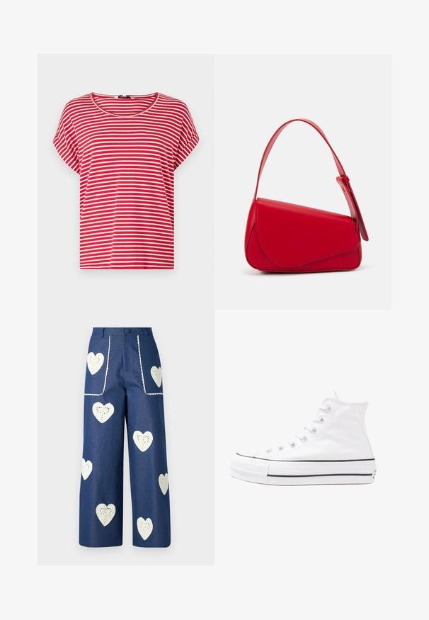 Sarkans un balts svītrains krekls, izgatavots no mīksta kokvilnas. Ar apaļu kakla izgriezumu un īsām piedurknēm, tas ir brīvi un komfortabli pieguļošs.; Sister Jane HEART TO HEART - Džinsi ar taisnām starām - blue denim; Balti augstie kanvas sporta apavi ar melnu gumijas zoli, priekšējo gumijas purngalu un sešām acīm lencēm, kuriem ir tīrs, minimālistisks dizains.; Sarkans ādas rokassomi ar stūrainu, ģeometrisku dizainu. Iekļauj vienu regulējamu siksnu un vāku ar izšūtu detaļu.